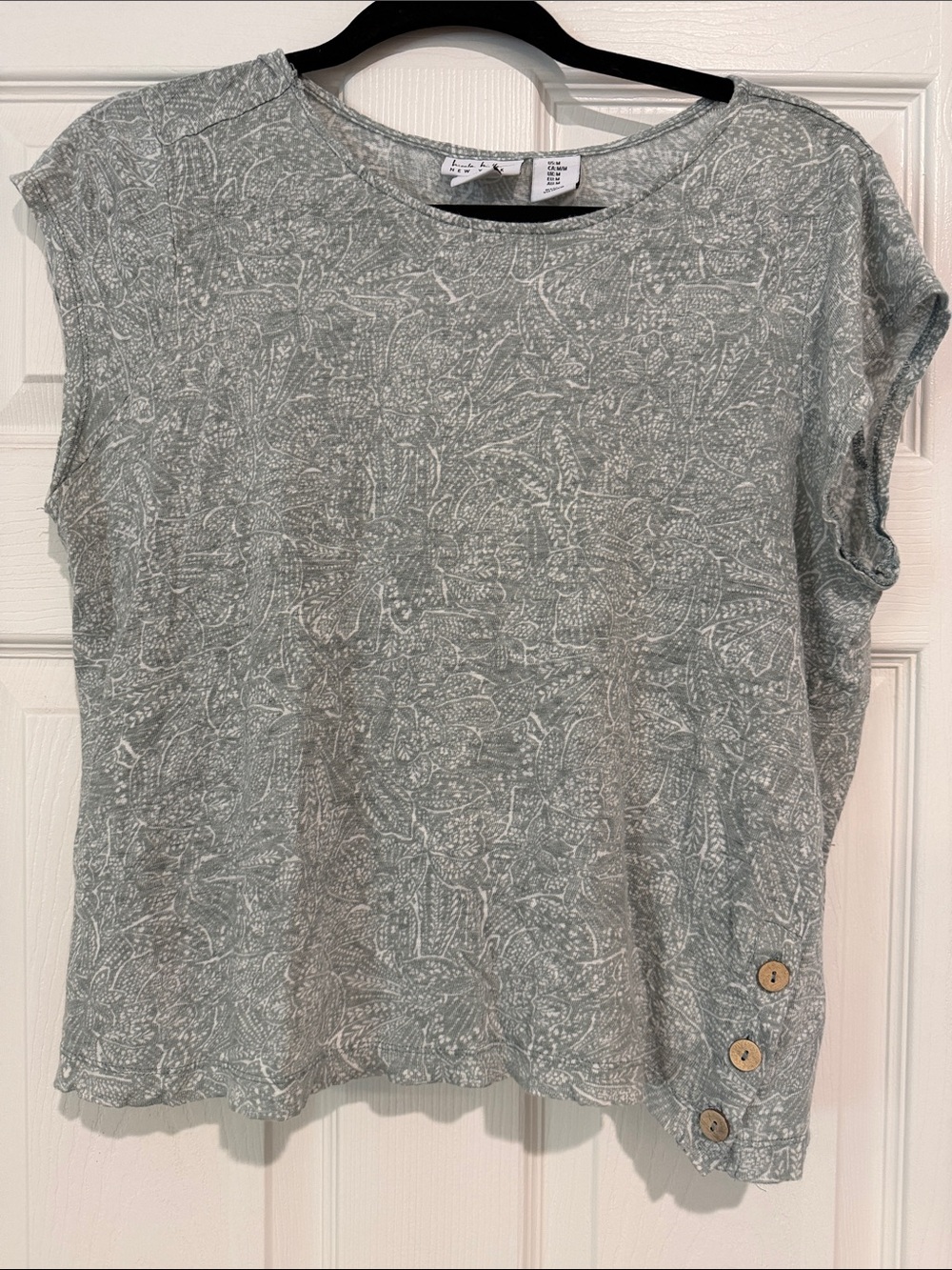 Nicole Miller Sage Green Short Sleeve Floral Top with Wooden Buttons